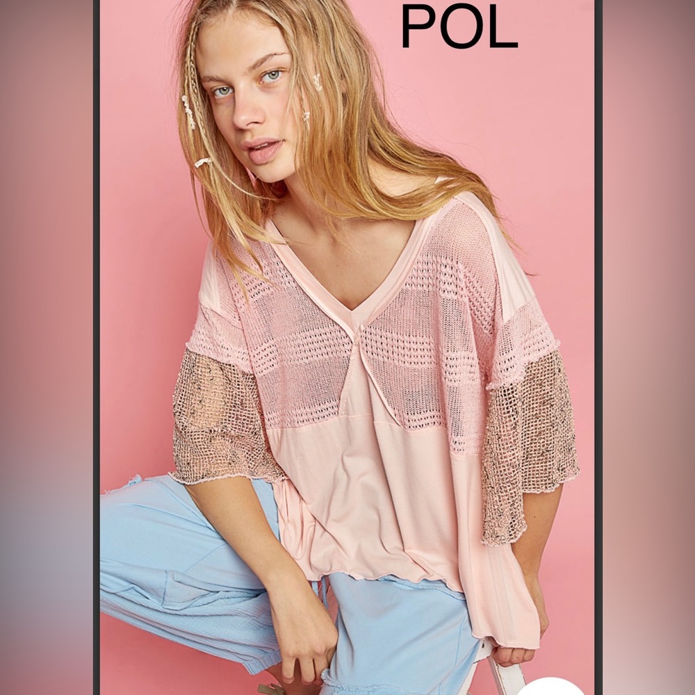 BP25🌸POL pretty pale pink mixed media top w/sheer back+sleeves🌸Great vacay look🌸 - Picture 5 of 6